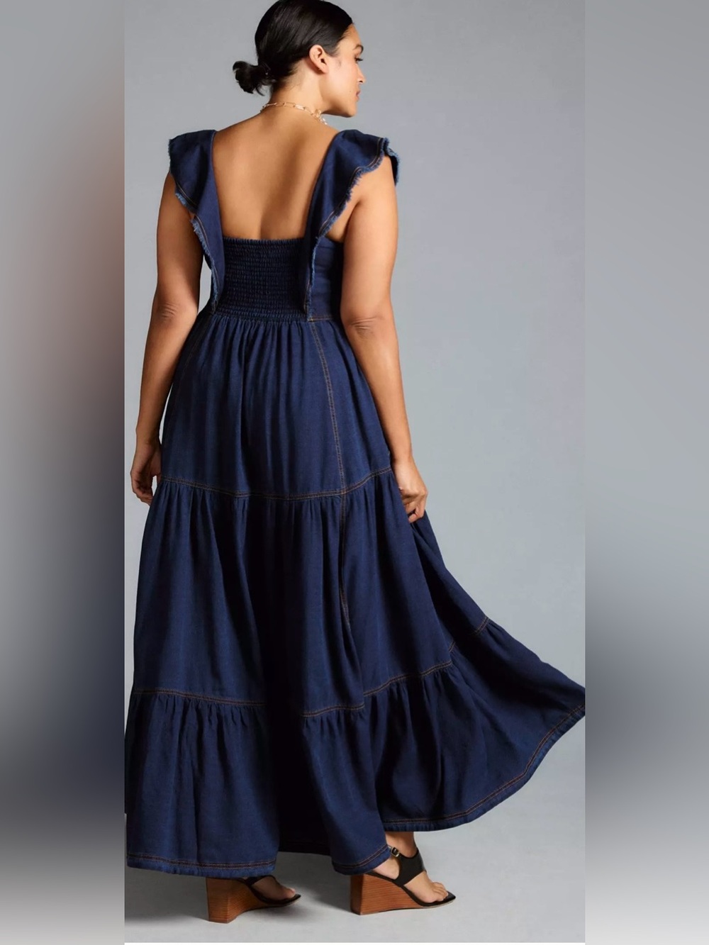 Anthropologie Pilcro Sweetheart Flutter-Sleeve Denim Buttondown Maxi Dress - Picture 5 of 13
